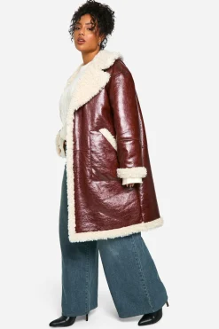 boohoo Veste Aviateur Longue en synthétique Plus avec Bordure Teddy<Femme Vestes & Manteaux|Looks Bordeaux