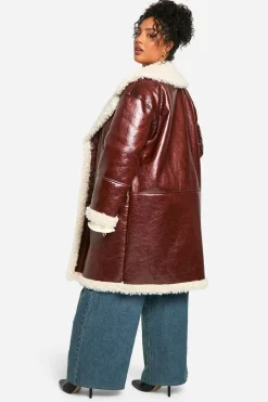 boohoo Veste Aviateur Longue en synthétique Plus avec Bordure Teddy<Femme Vestes & Manteaux|Looks Bordeaux