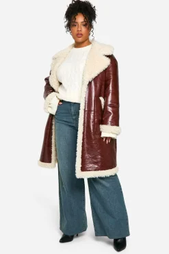 boohoo Veste Aviateur Longue en synthétique Plus avec Bordure Teddy<Femme Vestes & Manteaux|Looks Bordeaux