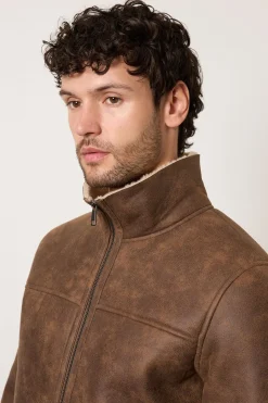 Veste Aviateur Marron En Synthétique Doublée Imitation Mouton