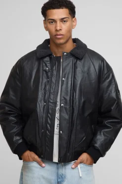 Veste bombardier surdimensionnée, carrée et texturée en synthétique à col synthétique