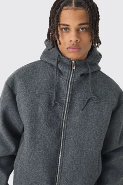 boohooMAN Veste bomber à capuche Boxy Melton en anthracite<Homme Manteaux Et Vestes