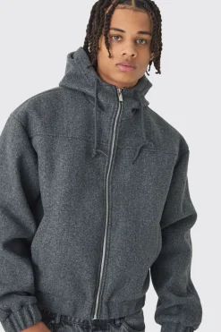 boohooMAN Veste bomber à capuche Boxy Melton en anthracite<Homme Manteaux Et Vestes