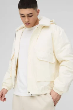 boohooMAN Veste bomber à capuche en sergé à col Borg surdimensionnée<Homme Manteaux Et Vestes
