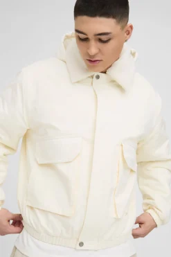 boohooMAN Veste bomber à capuche en sergé à col Borg surdimensionnée<Homme Manteaux Et Vestes
