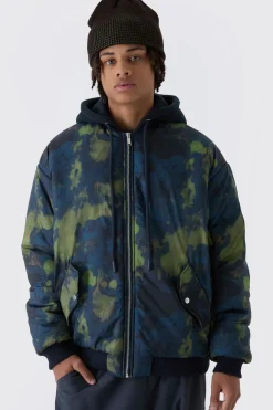 Veste bomber à capuche à imprimé abstrait oversize en marine