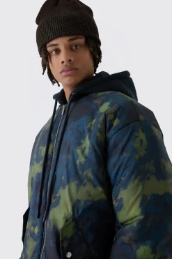 Veste bomber à capuche à imprimé abstrait oversize en marine
