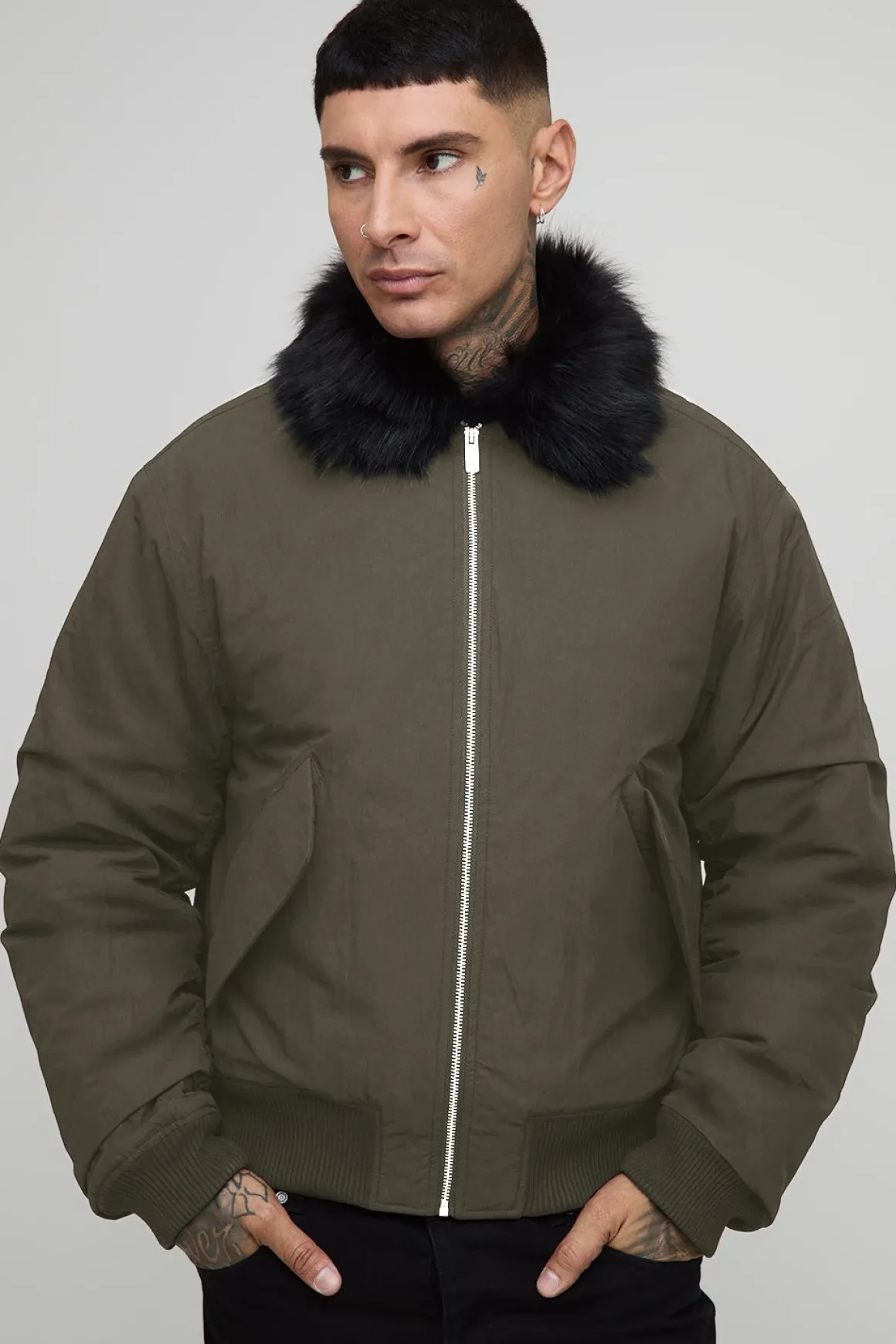 Veste bomber coupe droite à col long en synthétique