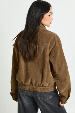 boohoo Veste Bomber en Daim avec Détail Col<Femme Manteaux Et Vestes D’Automne|Vestes & Manteaux