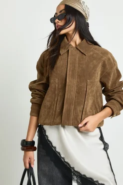 boohoo Veste Bomber en Daim avec Détail Col<Femme Manteaux Et Vestes D’Automne|Vestes & Manteaux
