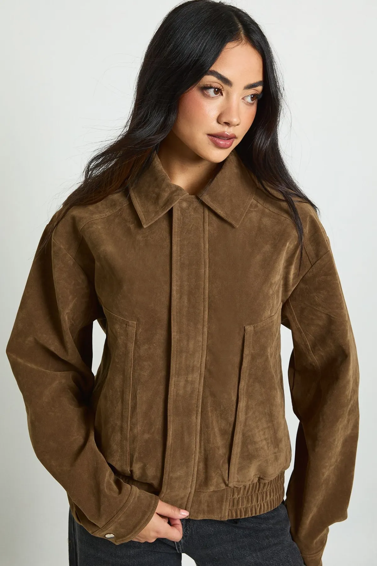 boohoo Veste Bomber en Daim avec Détail Col<Femme Manteaux Et Vestes D’Automne|Vestes & Manteaux