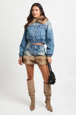 Veste Bomber En Denim Avec Col En Synthétique