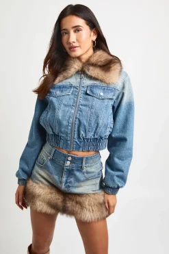 Veste Bomber En Denim Avec Col En Synthétique