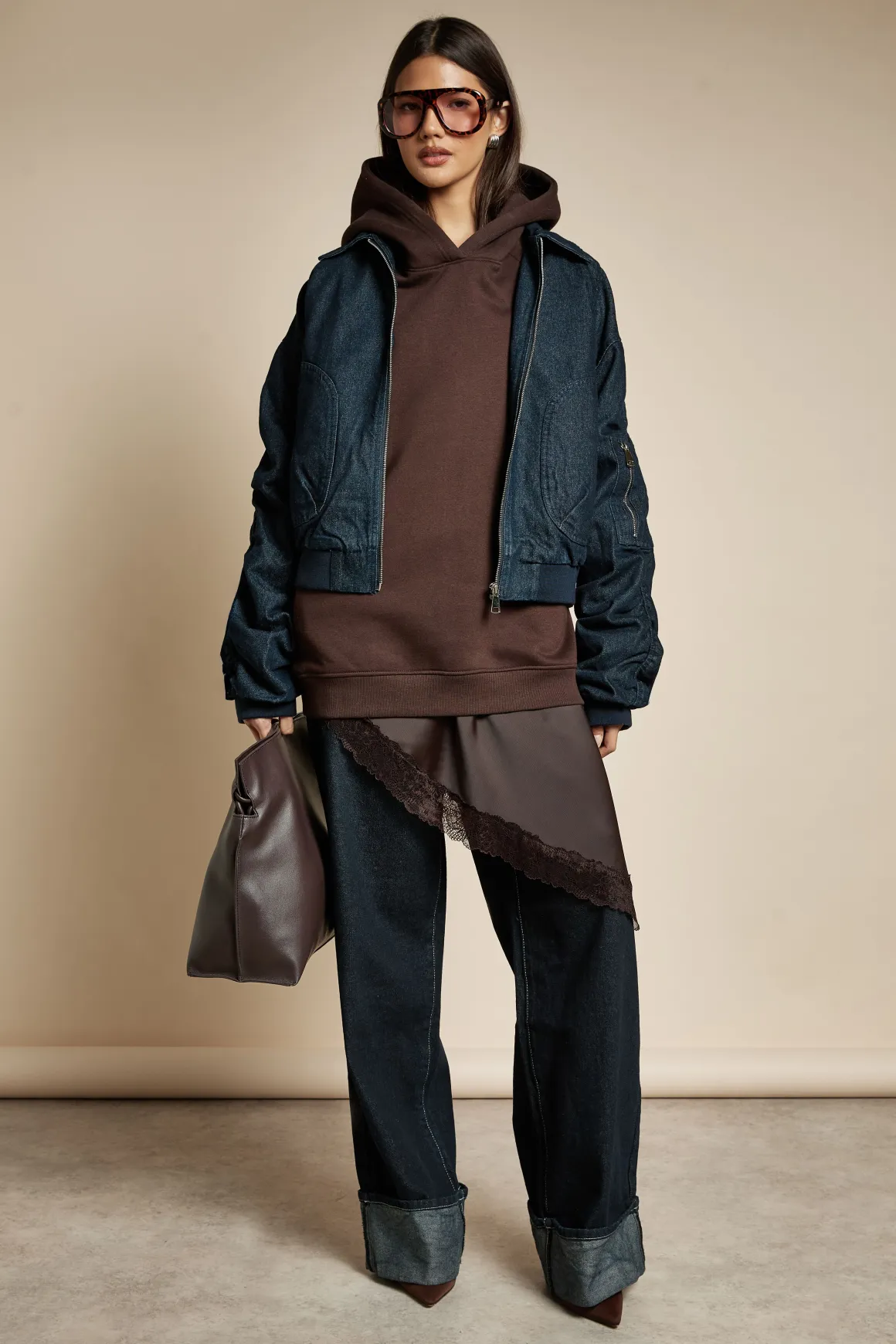 Veste bomber en denim à manches ruchées