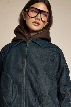Veste bomber en denim à manches ruchées