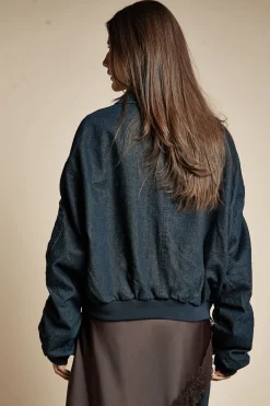 Veste bomber en denim à manches ruchées