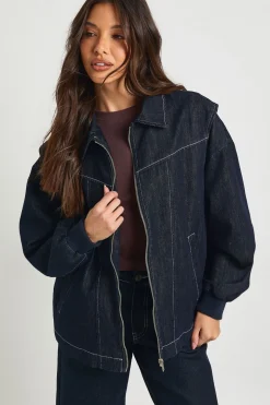 Veste Bomber En Denim À Surpiqûres Contrastantes