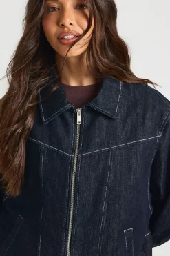 Veste Bomber En Denim À Surpiqûres Contrastantes