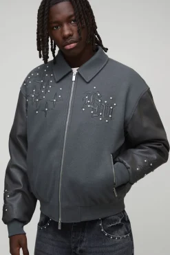 Veste bomber en melton à appliqué croisé orné, style boxy