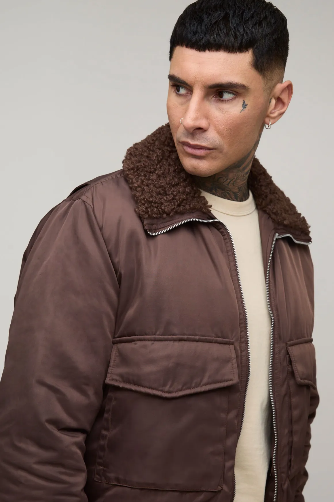 Veste bomber en nylon bouclé, coupe régulière grande taille, à col synthétique