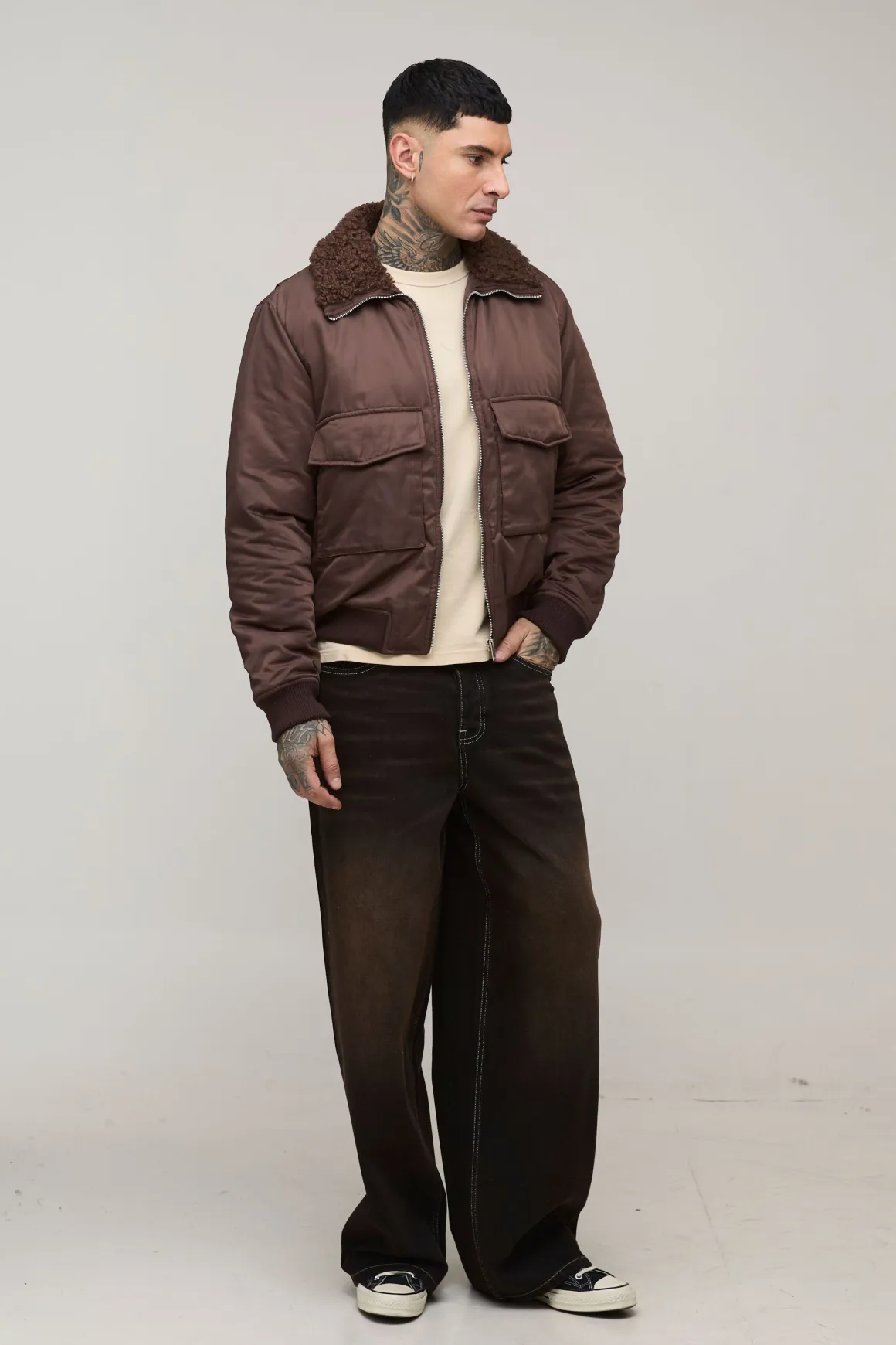 Veste bomber en nylon bouclé, coupe régulière grande taille, à col synthétique