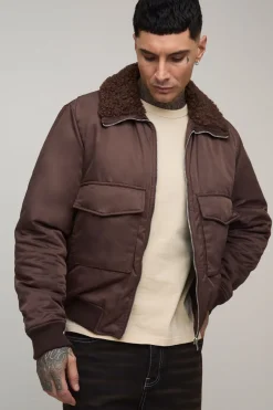 Veste bomber en nylon bouclé, coupe régulière grande taille, à col synthétique