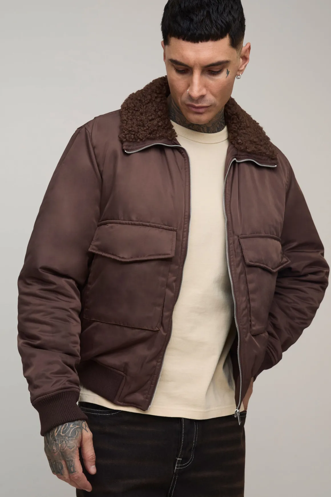 Veste bomber en nylon bouclé, coupe régulière grande taille, à col synthétique