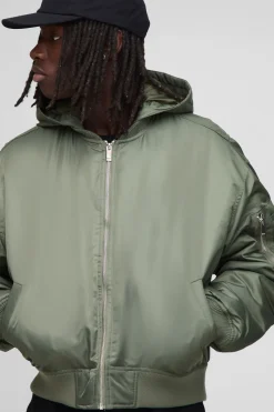 Veste bomber en nylon à capuche, à la coupe ample et ourlet incurvé