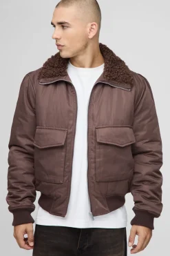boohooMAN Veste bomber en nylon à coupe régulière avec col bouclé synthétique<Homme Manteaux Et Vestes