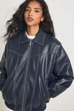 Veste Bomber en Synthétique avec Coutures Contrastées