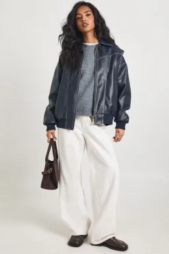 Veste Bomber en Synthétique avec Coutures Contrastées