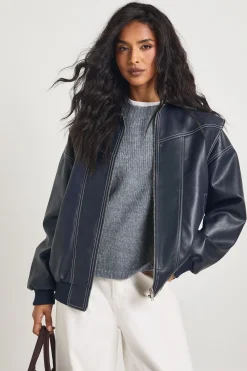 Veste Bomber en Synthétique avec Coutures Contrastées