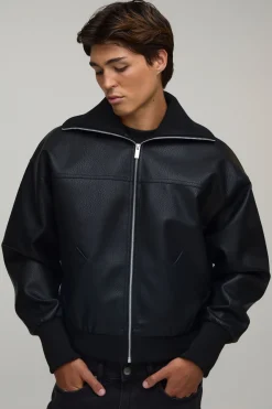 Veste Bomber En Synthétiquecuir Coupe Regular Col Montant À Côtes Prolongées