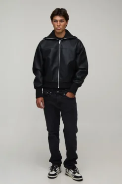 Veste Bomber En Synthétiquecuir Coupe Regular Col Montant À Côtes Prolongées