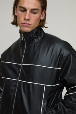 boohooMAN Veste Bomber En Synthétiquecuir À Col Montant Et Passepoil Contrastant Coupe Oversize<Homme Manteaux Et Vestes