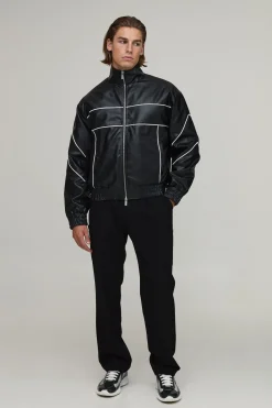 boohooMAN Veste Bomber En Synthétiquecuir À Col Montant Et Passepoil Contrastant Coupe Oversize<Homme Manteaux Et Vestes