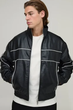 boohooMAN Veste Bomber En Synthétiquecuir À Col Montant Et Passepoil Contrastant Coupe Oversize<Homme Manteaux Et Vestes