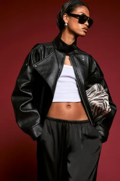 Veste Bomber en Synthétique Grainé à Col Cheminée