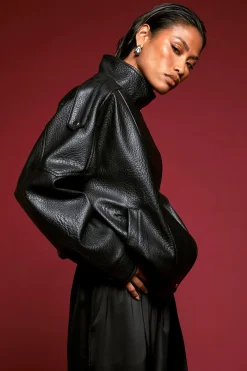 Veste Bomber en Synthétique Grainé à Col Cheminée