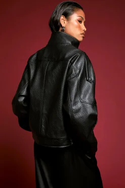 Veste Bomber en Synthétique Grainé à Col Cheminée