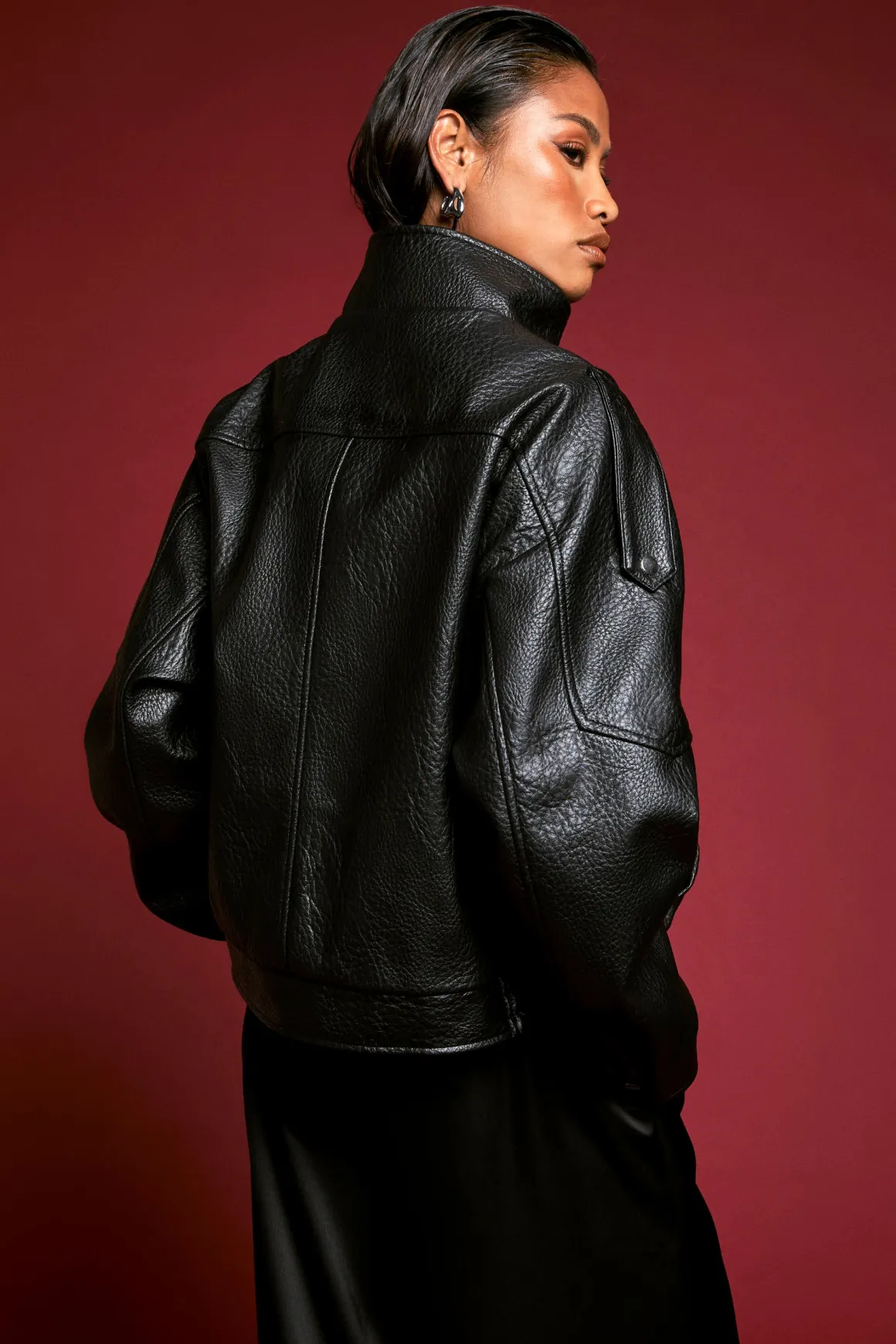Veste Bomber en Synthétique Grainé à Col Cheminée