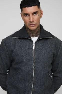 boohooMAN Veste bomber à fermeture éclair, style laine, avec col tricoté haut<Homme Tout Afficher|Manteaux Et Vestes