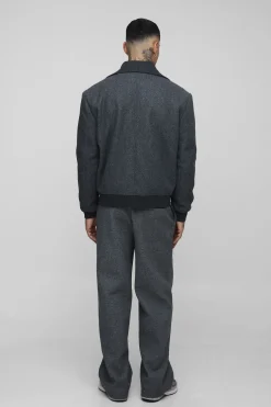 boohooMAN Veste bomber à fermeture éclair, style laine, avec col tricoté haut<Homme Tout Afficher|Manteaux Et Vestes