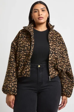 Veste Bomber Grande Taille Aspect Laine Imprimé Léopard