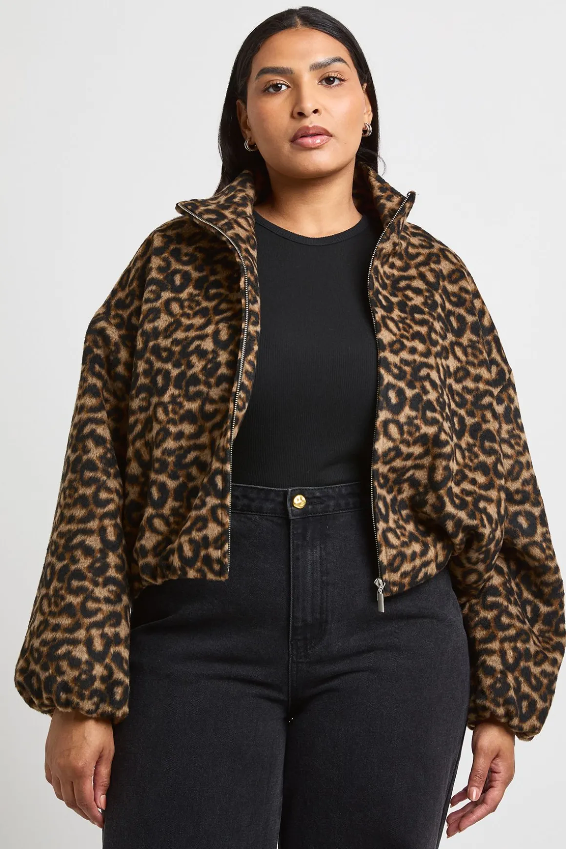 Veste Bomber Grande Taille Aspect Laine Imprimé Léopard