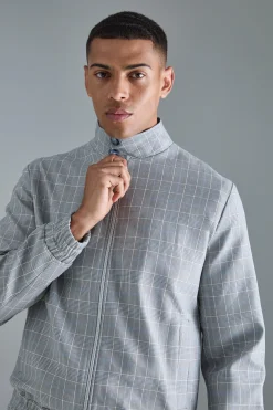 Veste bomber élégante à carreaux, à col montant et à fermeture éclair