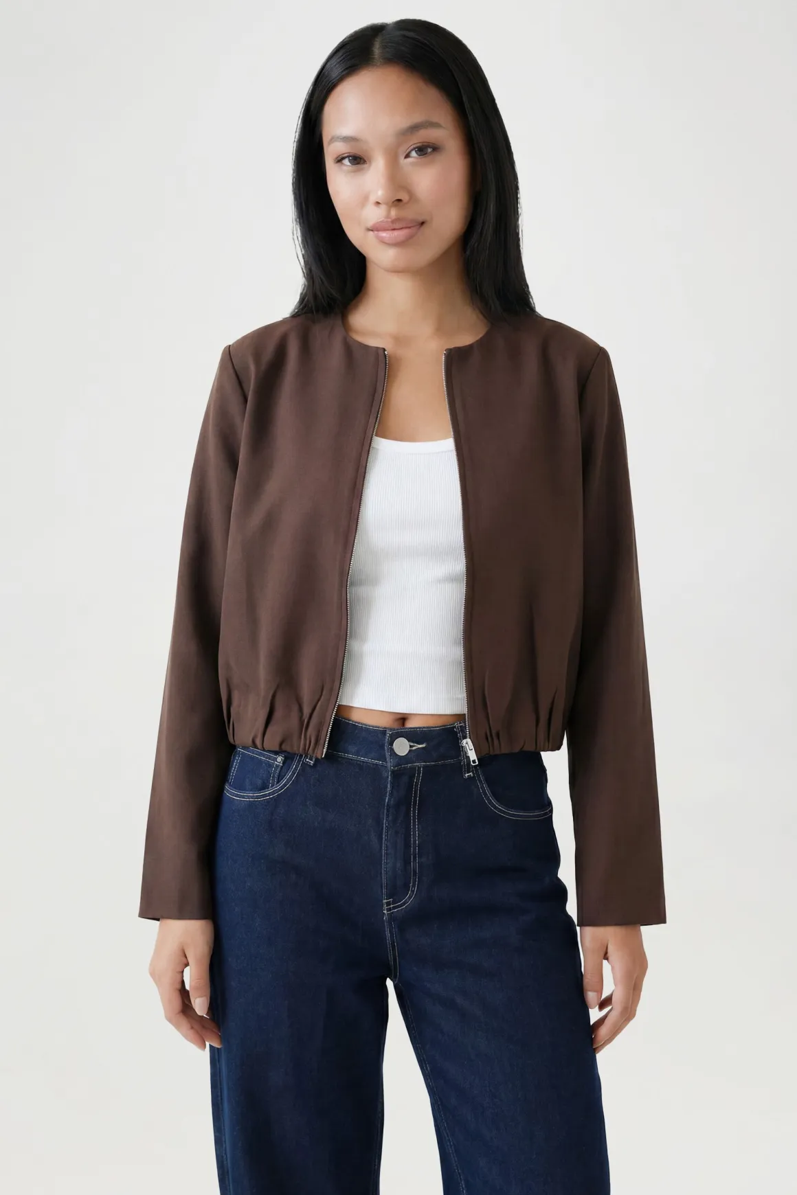 Veste Bomber Longue Courte À Fermeture Éclair Devant