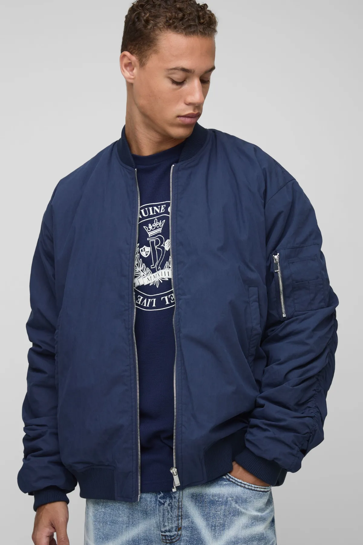 boohooMAN Veste bomber MA1 longue en tissu pèché brodée<Homme Tout Afficher|Vestes & Manteaux Tall