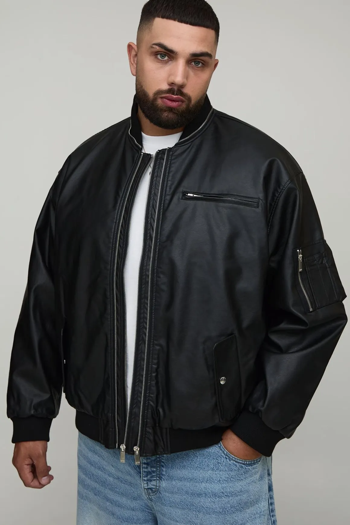 Veste bomber MA1 oversize à double fermeture éclair Plus Leather Look