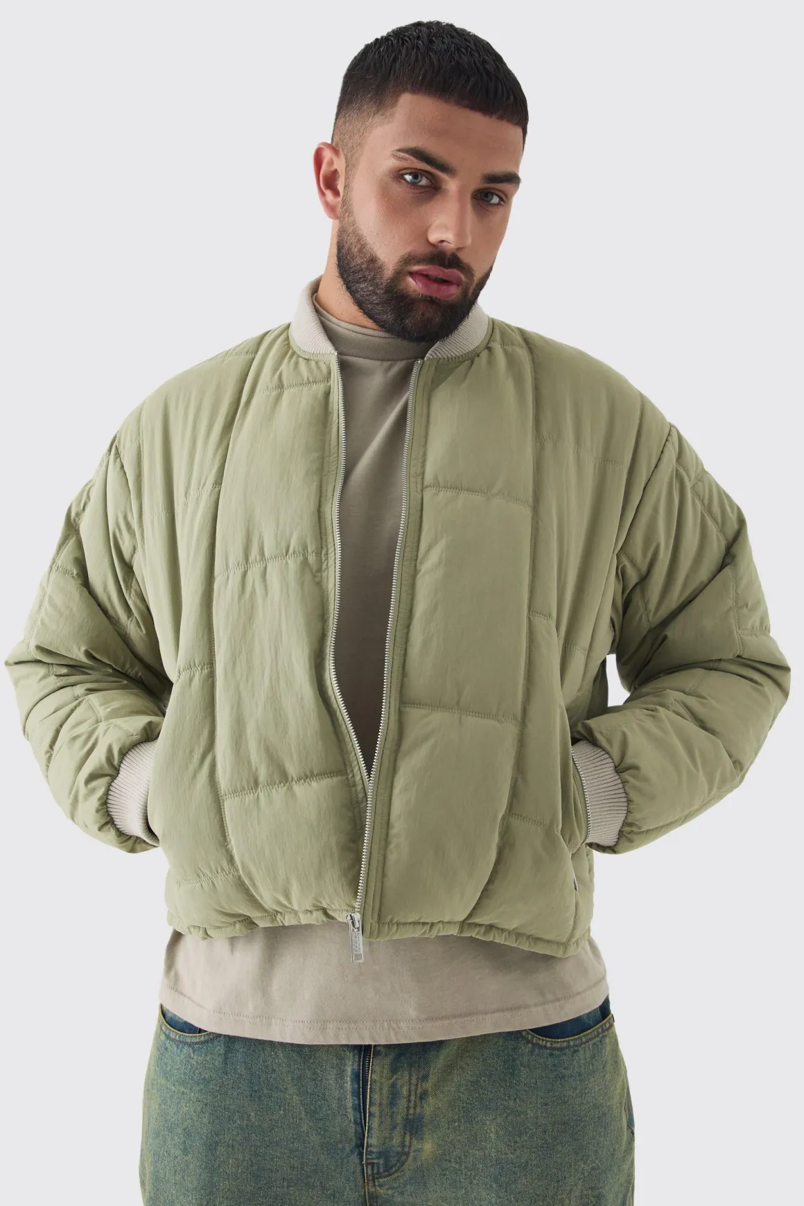 Veste bomber matelassée boxy grande taille en sauge